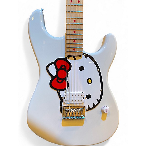 Used Squier Hello Kitty Stratocaster Single Hum Black With Kitty Pickguard Classic White Solid Body Electric Guitar