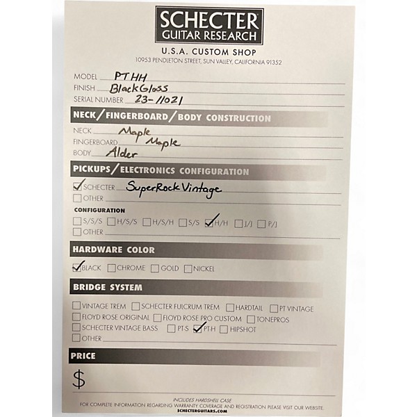 Used Schecter Guitar Research USA CUSTOM SHOP PT HH BLACK Solid Body Electric Guitar