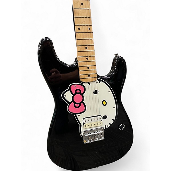 Used Squier Hello Kitty Hum Black With Kitty Pickguard Left Hand Black Solid Body Electric Guitar