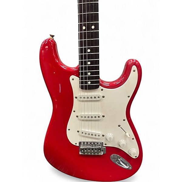Used 2000s Fender Squier Series Standard Strat Candy Apple Red Solid Body Electric Guitar