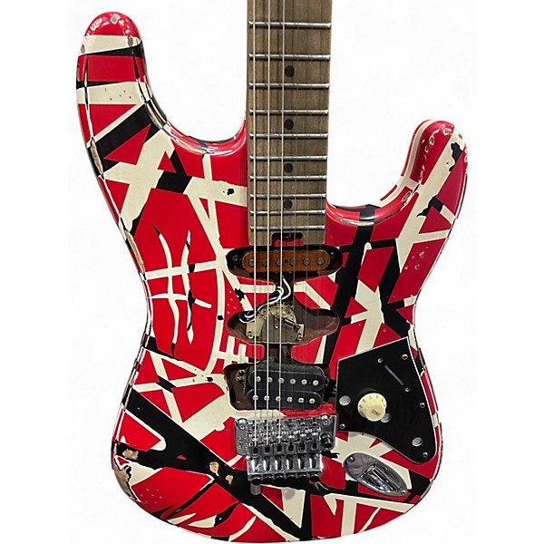 Used EVH Striped Series Frankie Red with Black and White Stripes Solid Body Electric Guitar