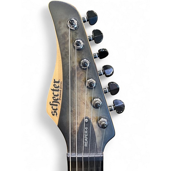 Used 2019 Schecter Guitar Research Reaper-6 Trans Black Burl Solid Body Electric Guitar