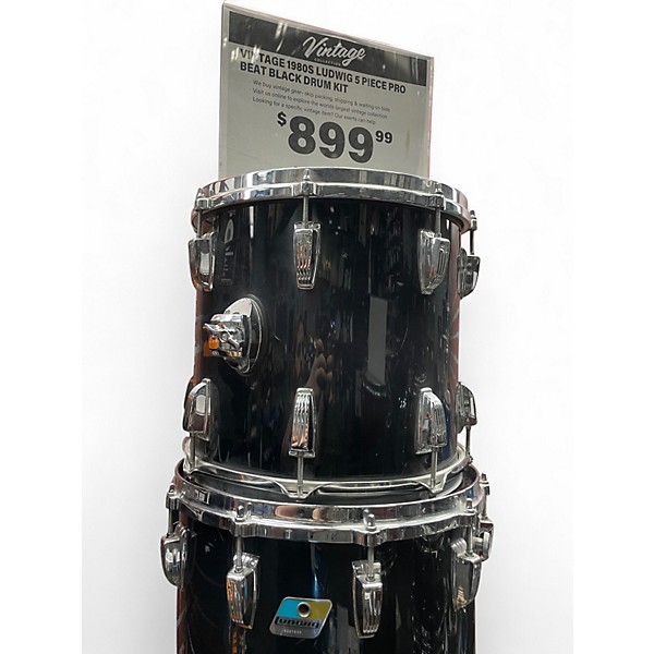 Vintage 1980s Ludwig 5 Piece Pro Beat Black Drum Kit
