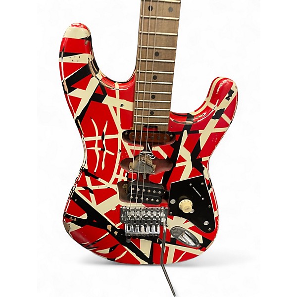 Used EVH Striped Series Frankie Red with Black and White Stripes Solid Body Electric Guitar