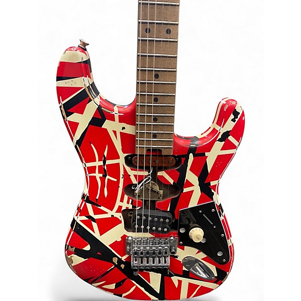 Used EVH Striped Series Frankie Red with Black and White Stripes Solid Body Electric Guitar