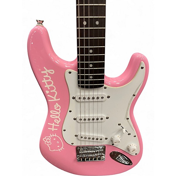 Used Squier Hello Kitty Stratocaster Single Hum Pink With Kitty Pickguard Pink Solid Body Electric Guitar
