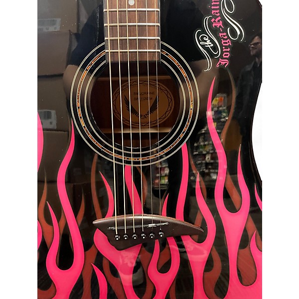 Used Dean Bret Michaels Signature BLACK WITH PINK FLAMES Acoustic Guitar
