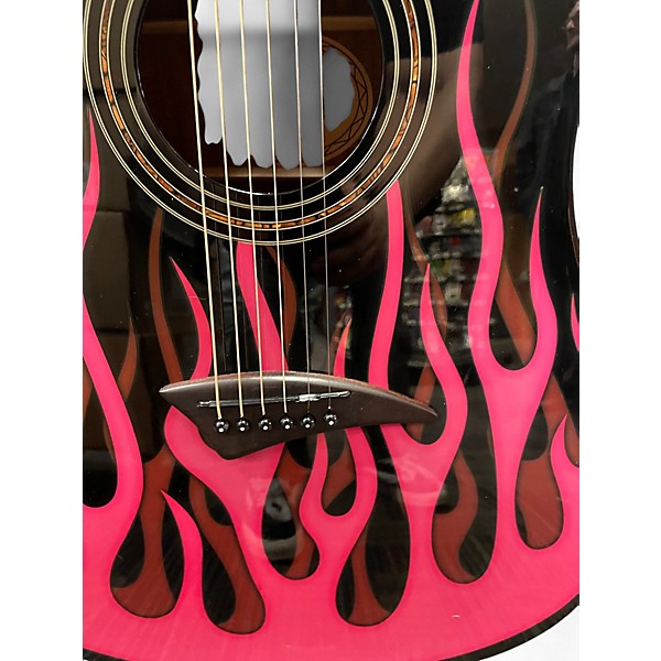 Used Dean Bret Michaels Signature BLACK WITH PINK FLAMES Acoustic Guitar