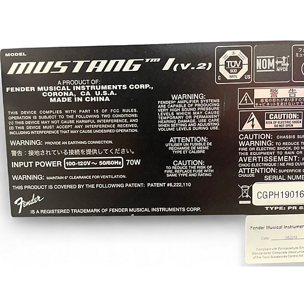 Used Fender Mustang I V2 20W 1X8 Guitar Combo Amp