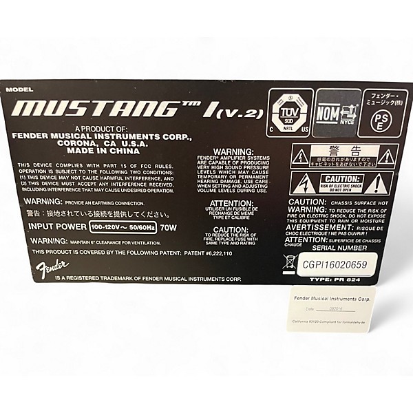 Used Fender Mustang I V2 20W 1X8 Guitar Combo Amp