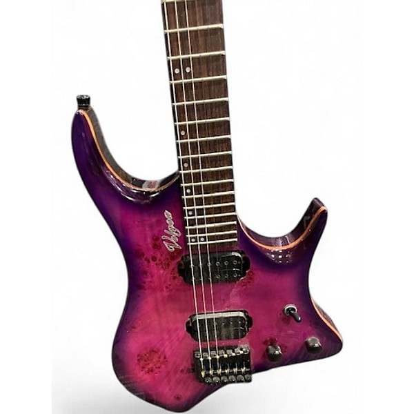 Used Volgoa Headless Guitar Trans Purple Pink Burl Top Solid Body Electric Guitar