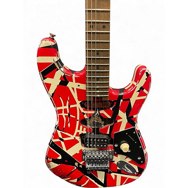 Used EVH Striped Series Frankie Red with Black and White Stripes Solid Body Electric Guitar