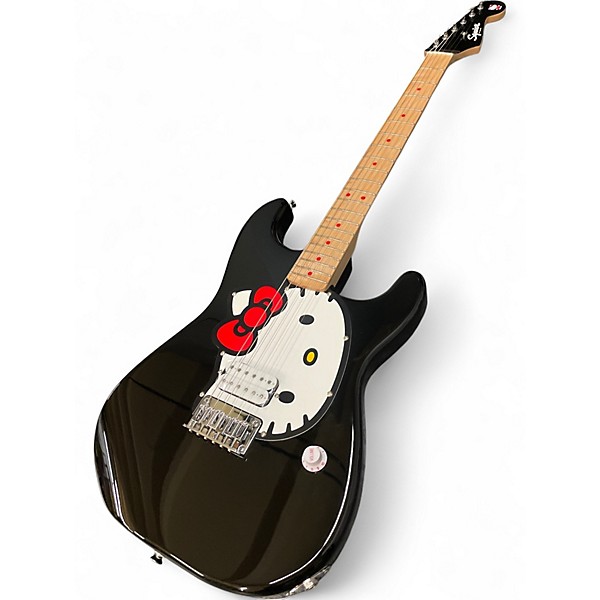Used Squier Hello Kitty Stratocaster Single Hum Black With Kitty Pickguard Black Solid Body Electric Guitar