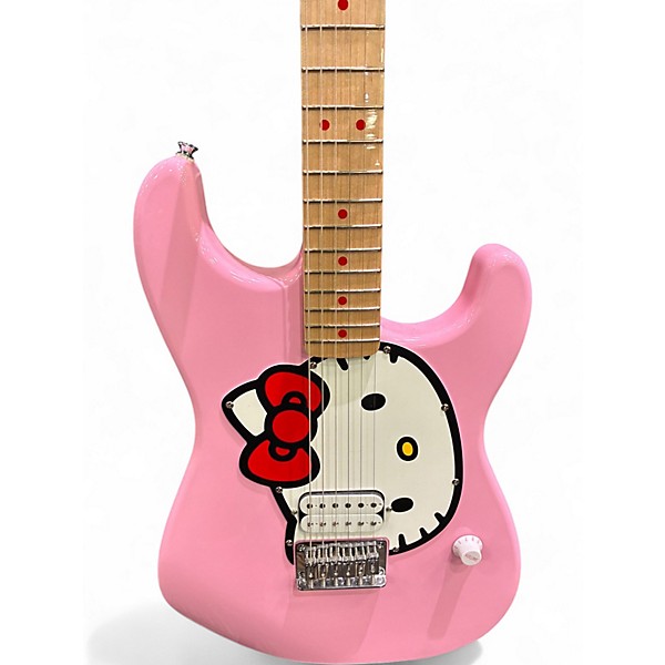 Used Squier Hello Kitty Stratocaster Single Hum Pink With Kitty Pickguard Pink Solid Body Electric Guitar