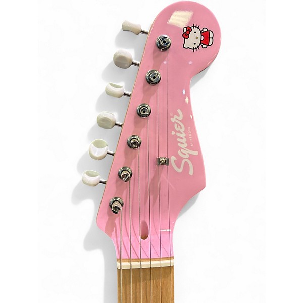 Used Squier Hello Kitty Stratocaster Single Hum Pink With Kitty Pickguard Pink Solid Body Electric Guitar
