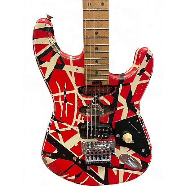 Used EVH Striped Series Frankie Red with Black and White Stripes Relic Solid Body Electric Guitar