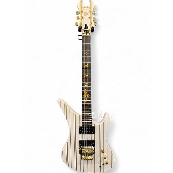 Used Schecter Guitar Research Synyster Gates Signature Custom White W/ Gold Pinstripes Solid Body Electric Guitar