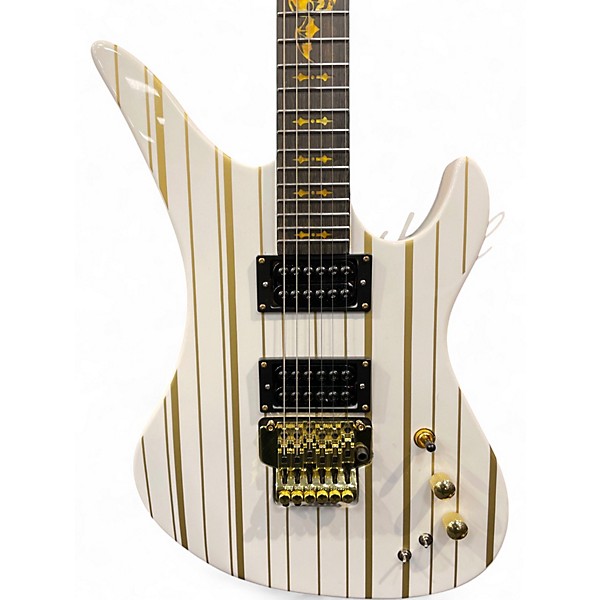 Used Schecter Guitar Research Synyster Gates Signature Custom White W/ Gold Pinstripes Solid Body Electric Guitar