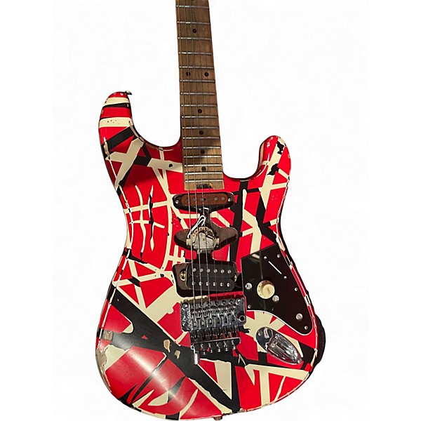 Used EVH Striped Series Frankie Red with Black and White Stripes Relic Solid Body Electric Guitar
