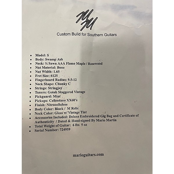 Used Mario Guitars Model S Black Medium Relic Solid Body Electric Guitar