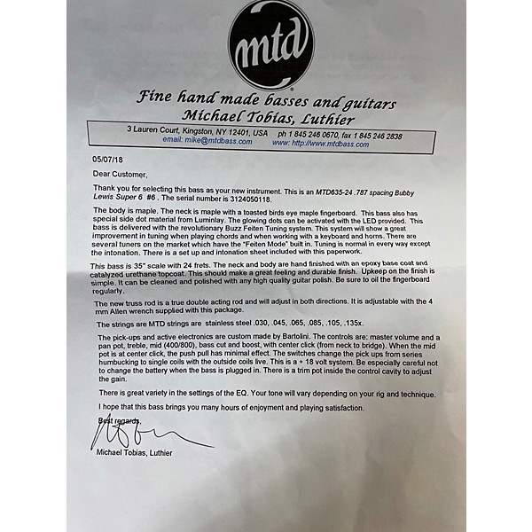 Used 2018 MTD 635-24 .787 Spacing Bubby Lewis Super 6 #4 Flat Black Electric Bass Guitar