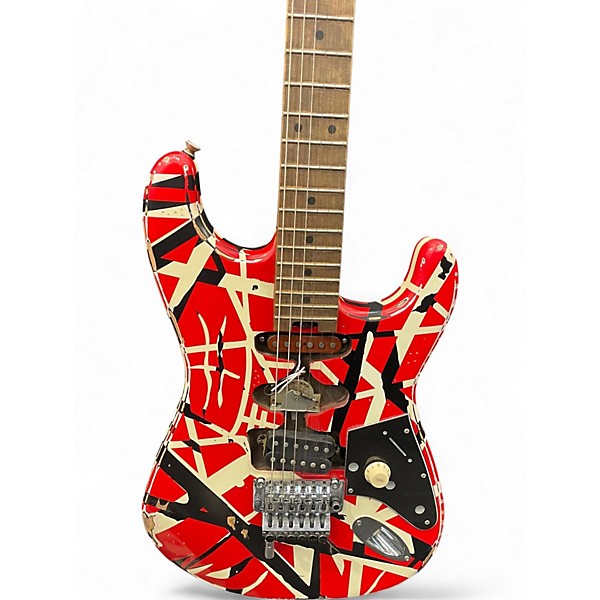 Used EVH Striped Series Frankie Red with Black and White Stripes Solid Body Electric Guitar