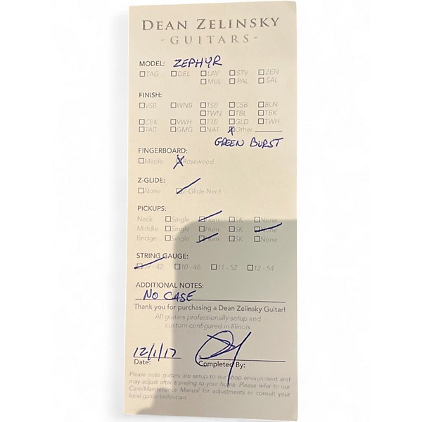 Used Dean Zelinsky ZEPHYR CLASSIC GREEN BURST Solid Body Electric Guitar