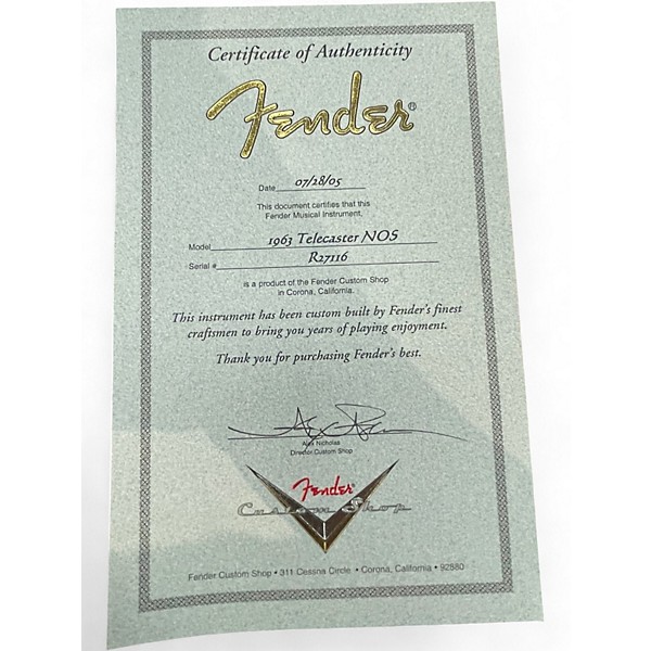 Used Fender Custom Shop 1963 Telecaster NOS White Blonde Solid Body Electric Guitar