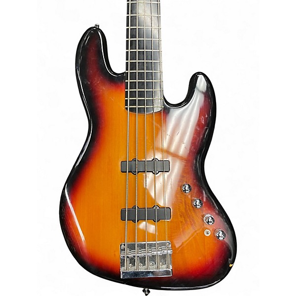 Used Squier Deluxe Jazz Bass Active V 5 String 3 Tone Sunburst Electric Bass Guitar