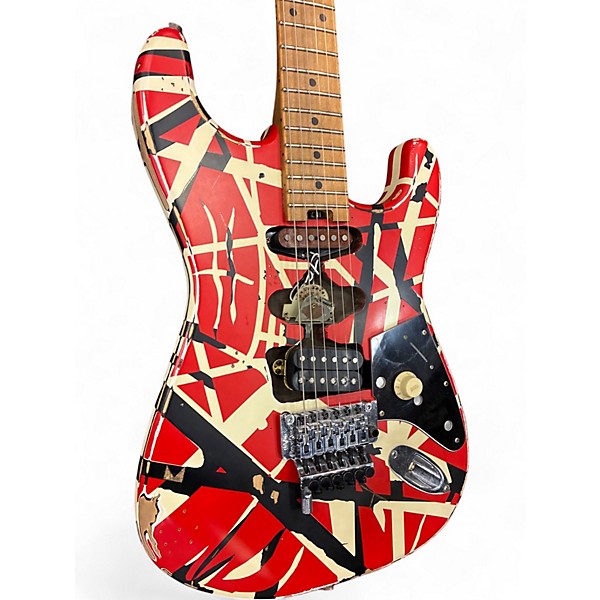 Used EVH Striped Series Frankie Red with Black and White Stripes Solid Body Electric Guitar