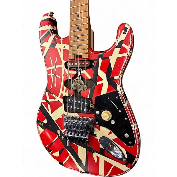Used EVH Striped Series Frankie Red with Black and White Stripes Solid Body Electric Guitar