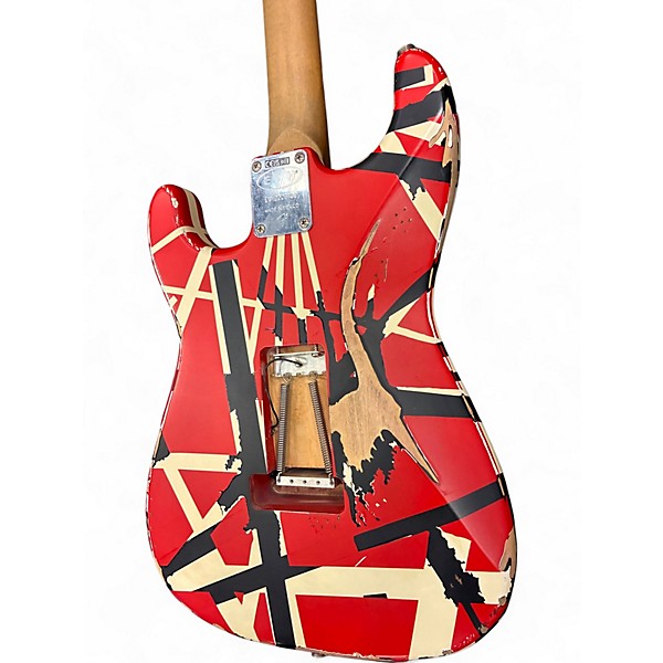 Used EVH Striped Series Frankie Red with Black and White Stripes Solid Body Electric Guitar