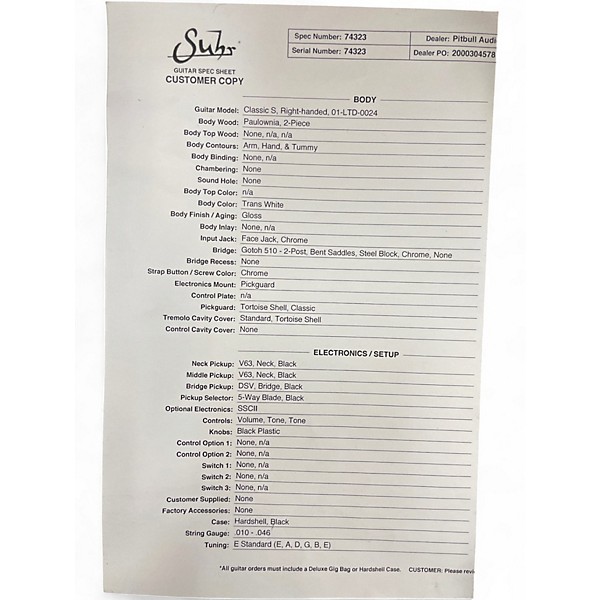 Used Suhr CLASSIC S PAULOWNIA HSS Trans White Solid Body Electric Guitar