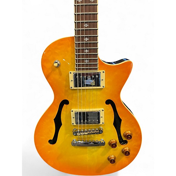 Used Xaviere PRO550 Yellow Burst Quilt Hollow Body Electric Guitar