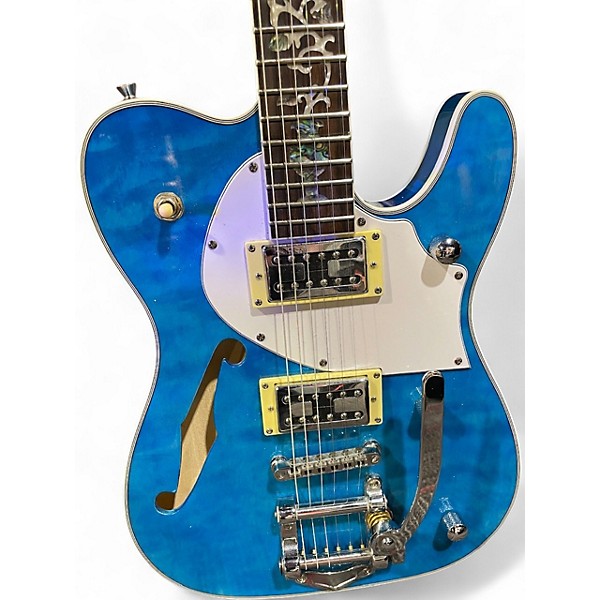 Used Zuwei Factory Thinline TL Electric Guitar Semi-Hollow Jazz Flower Quilted Blue Hollow Body Electric Guitar