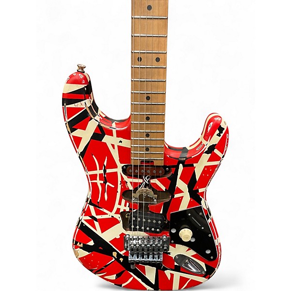 Used EVH Striped Series Frankie Red with Black and White Stripes Solid Body Electric Guitar