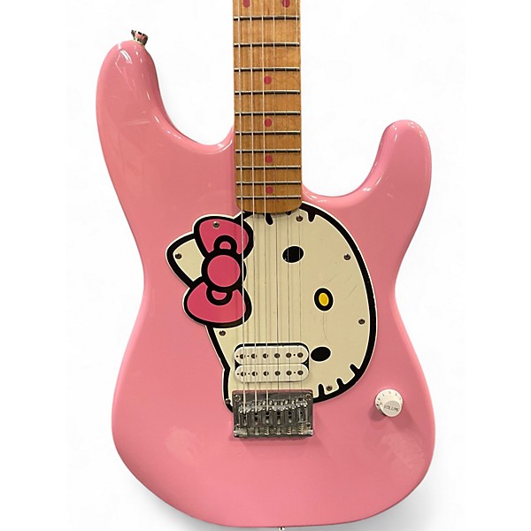 Used Squier Hello Kitty Stratocaster Single Hum Pink With Kitty Pickguard Pink Solid Body Electric Guitar