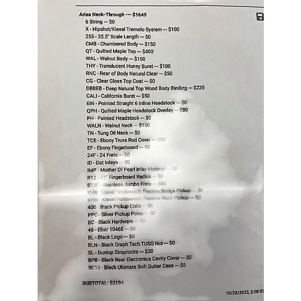 Used Kiesel Aries Neck Through California Burst Solid Body Electric Guitar