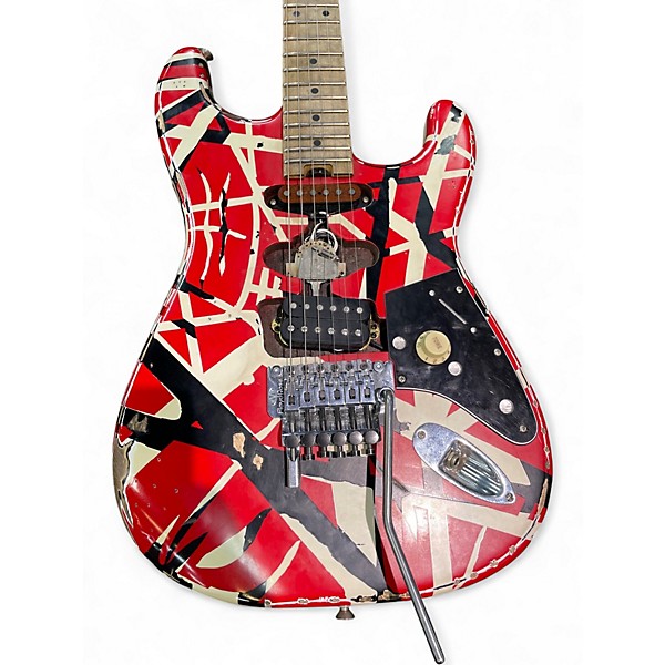 Used EVH Striped Series Frankie Red with Black and White Stripes Solid Body Electric Guitar