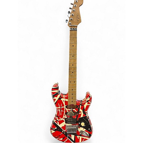Used EVH Striped Series Frankie Red with Black and White Stripes Solid Body Electric Guitar