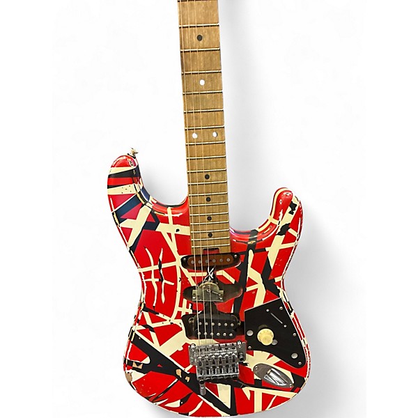 Used EVH Striped Series Frankie Red with Black and White Stripes Solid Body Electric Guitar