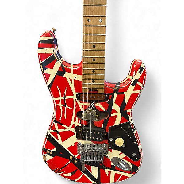 Used EVH Striped Series Frankie Red with Black and White Stripes Solid Body Electric Guitar