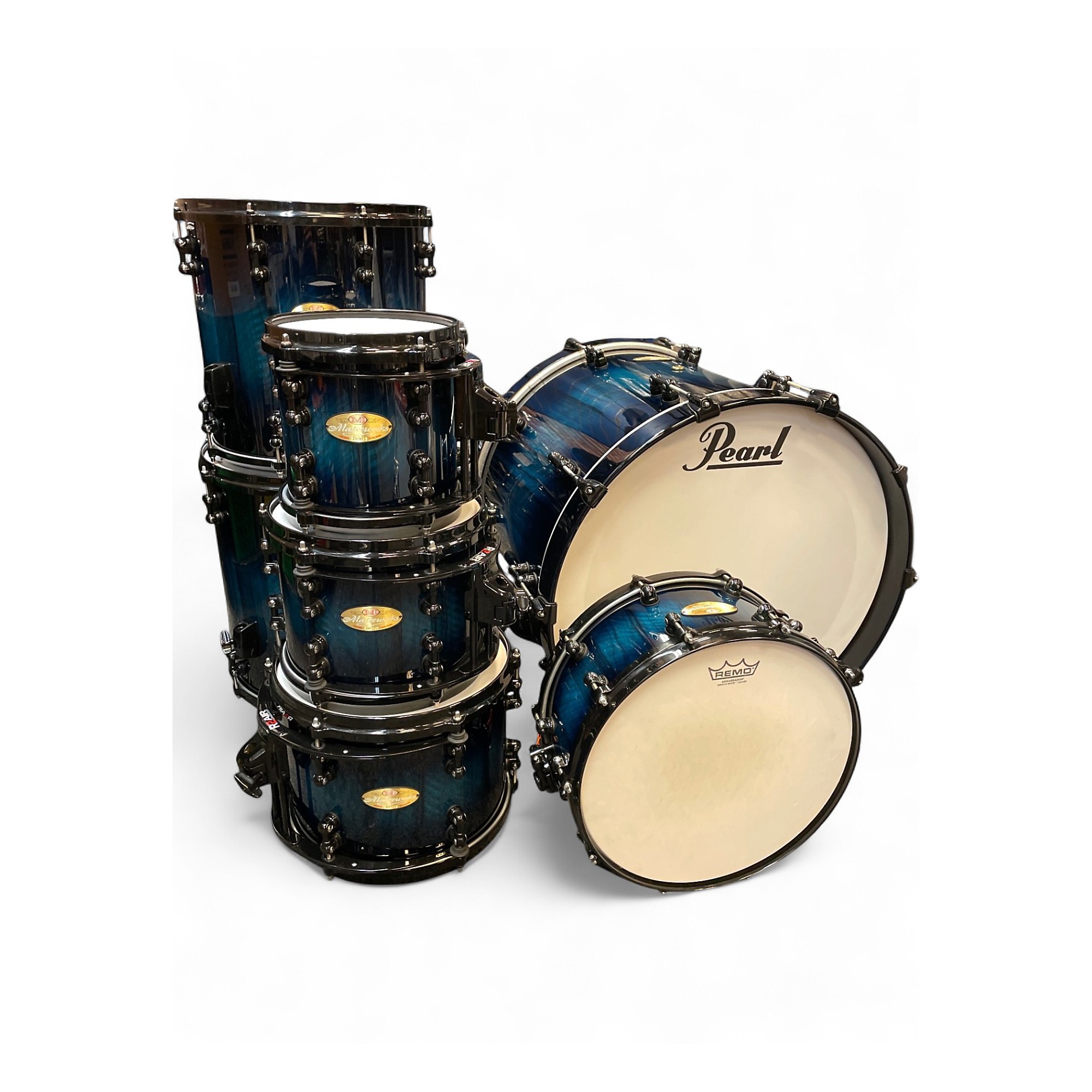 Used Pearl 7 Piece Masterworks Blue Burst Drum Kit Blue Burst