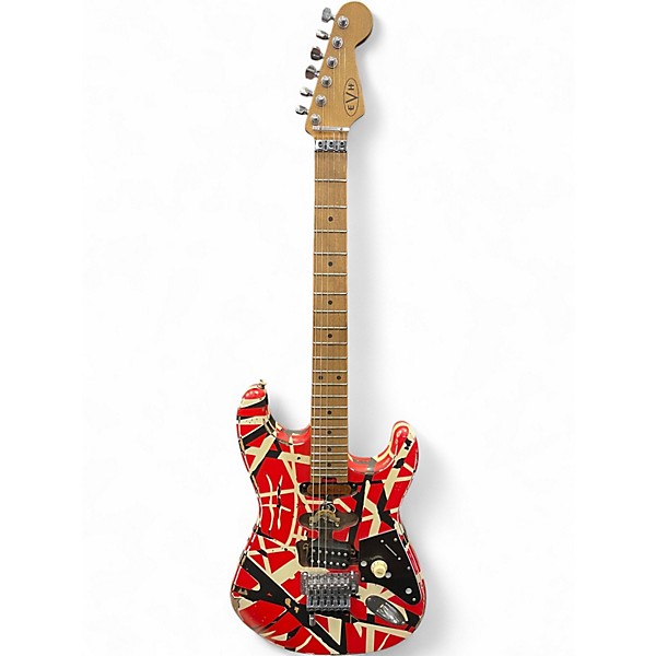 Used EVH Striped Series Frankie Red with Black and White Stripes Relic Solid Body Electric Guitar