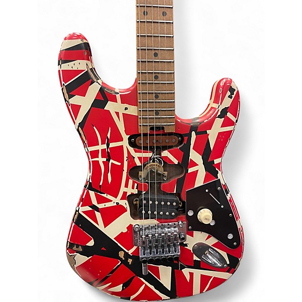 Used EVH Striped Series Frankie Red with Black and White Stripes Relic Solid Body Electric Guitar