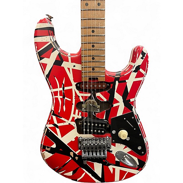 Used EVH Striped Series Frankie Red with Black and White Stripes Solid Body Electric Guitar