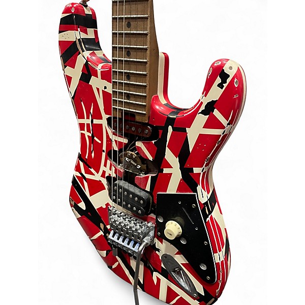 Used EVH Striped Series Frankie Red with Black and White Stripes Solid Body Electric Guitar