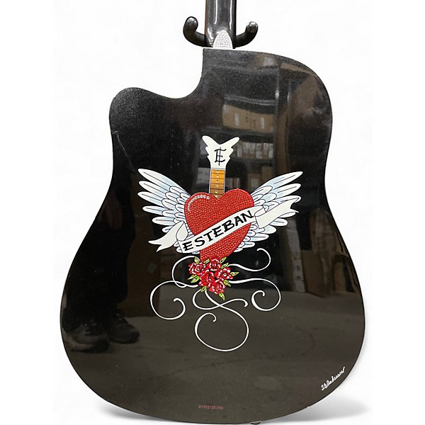 Used Esteban Crystal Heart Black and Bedazzled Acoustic Guitar