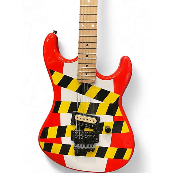 Used Kramer Baretta "Danger Zone" Custom Graphic Warning Tape on White Red Solid Body Electric Guitar