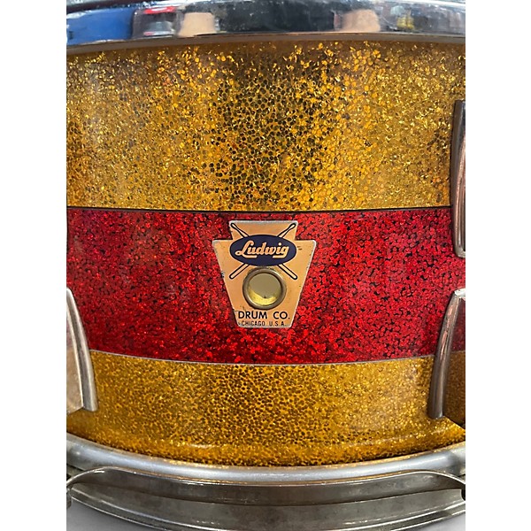 Used 1960 Ludwig 14X6.5 Tri-Band Parade Snare Gold and Red Sparkle Drum